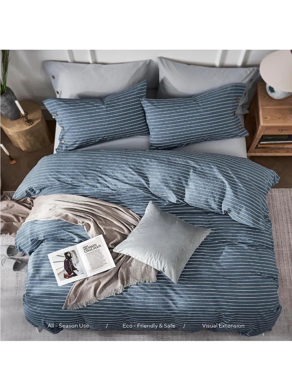 NEW JELLYMONI Blue Pinstriped, 100% WashedCotton Duvet Cover King Size - 3PCS